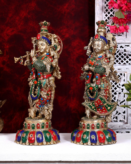 Brass Radha Krishna Idols on Lotus Base – Fine Craft Divine Pair (21 Inch) meenakari Stonework - Budhshiv.com