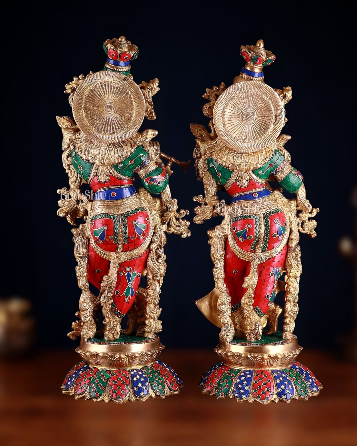 Brass Radha Krishna Idols with Lotus Base 27 inch - Budhshiv.com