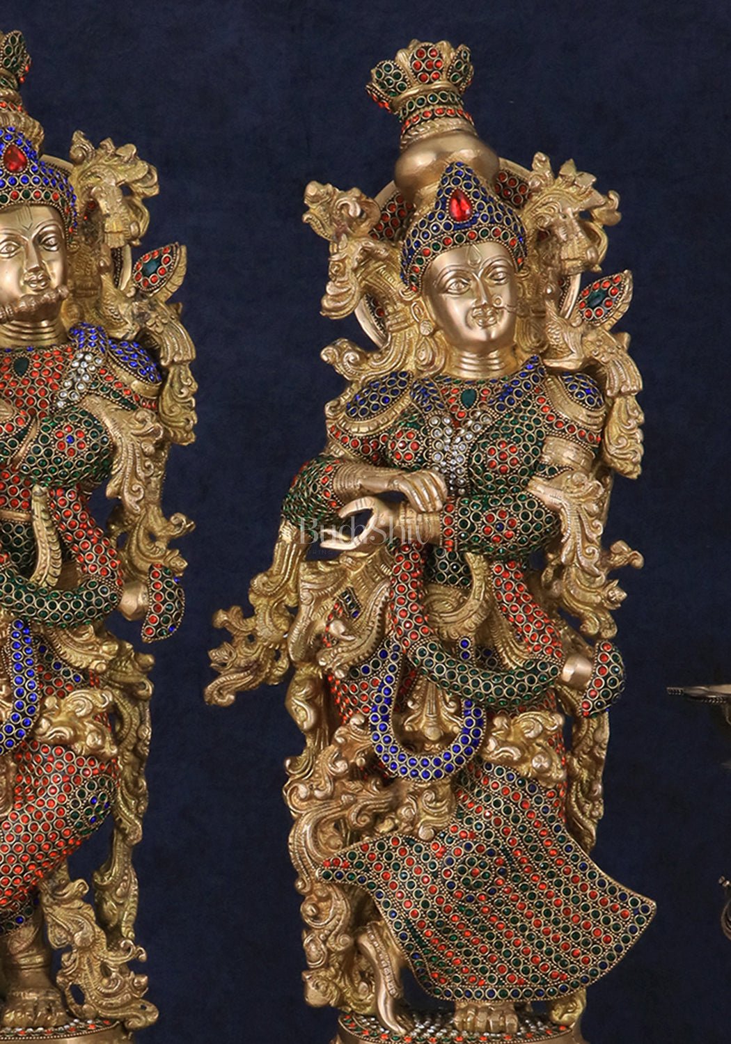 Brass Radha Krishna Idols with Meenakari jewel work - 29" Tall, 33 kg Pair - Budhshiv.com
