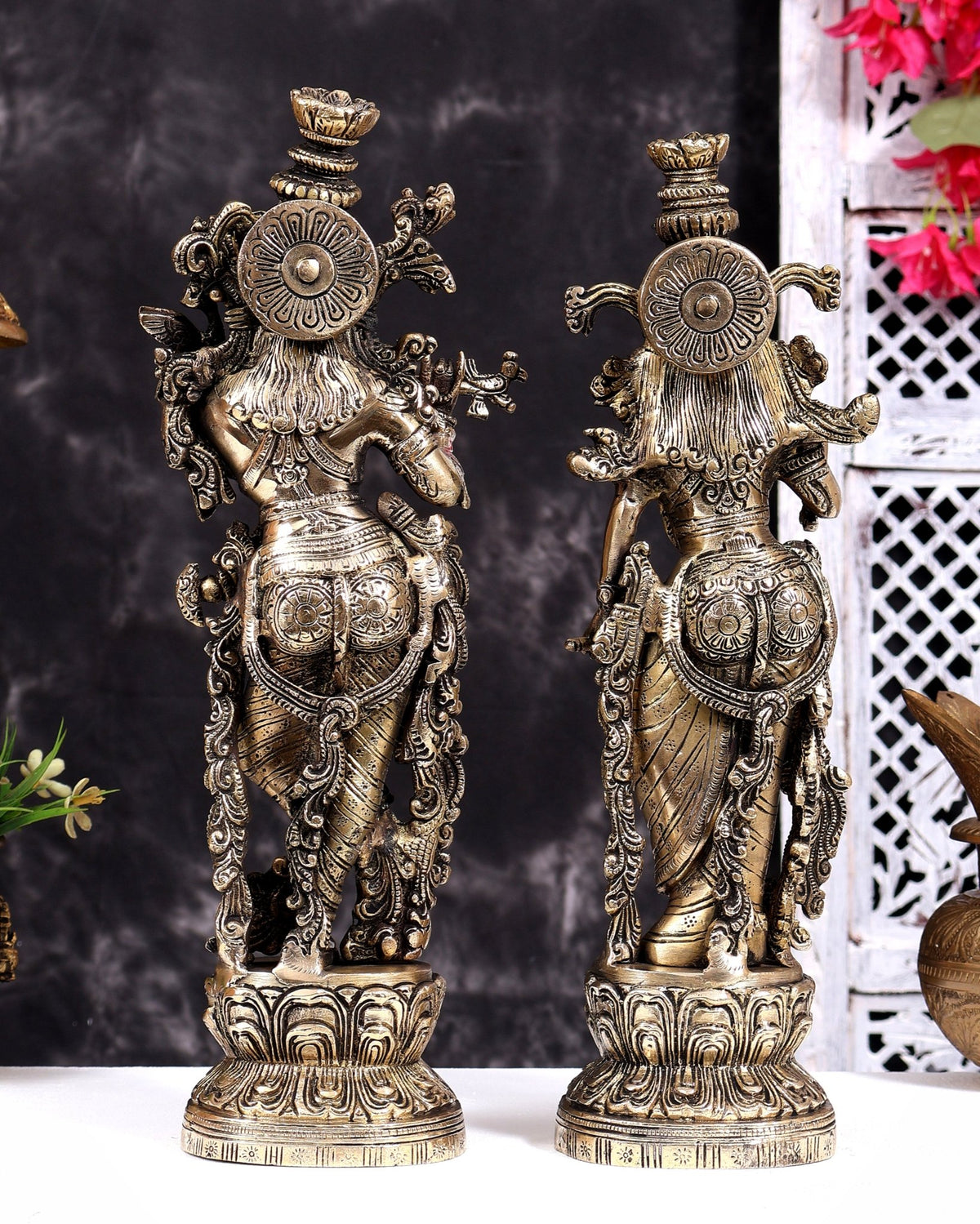 Brass Radha Krishna Statues 14 inch Charcoal tone gloss - Budhshiv.com