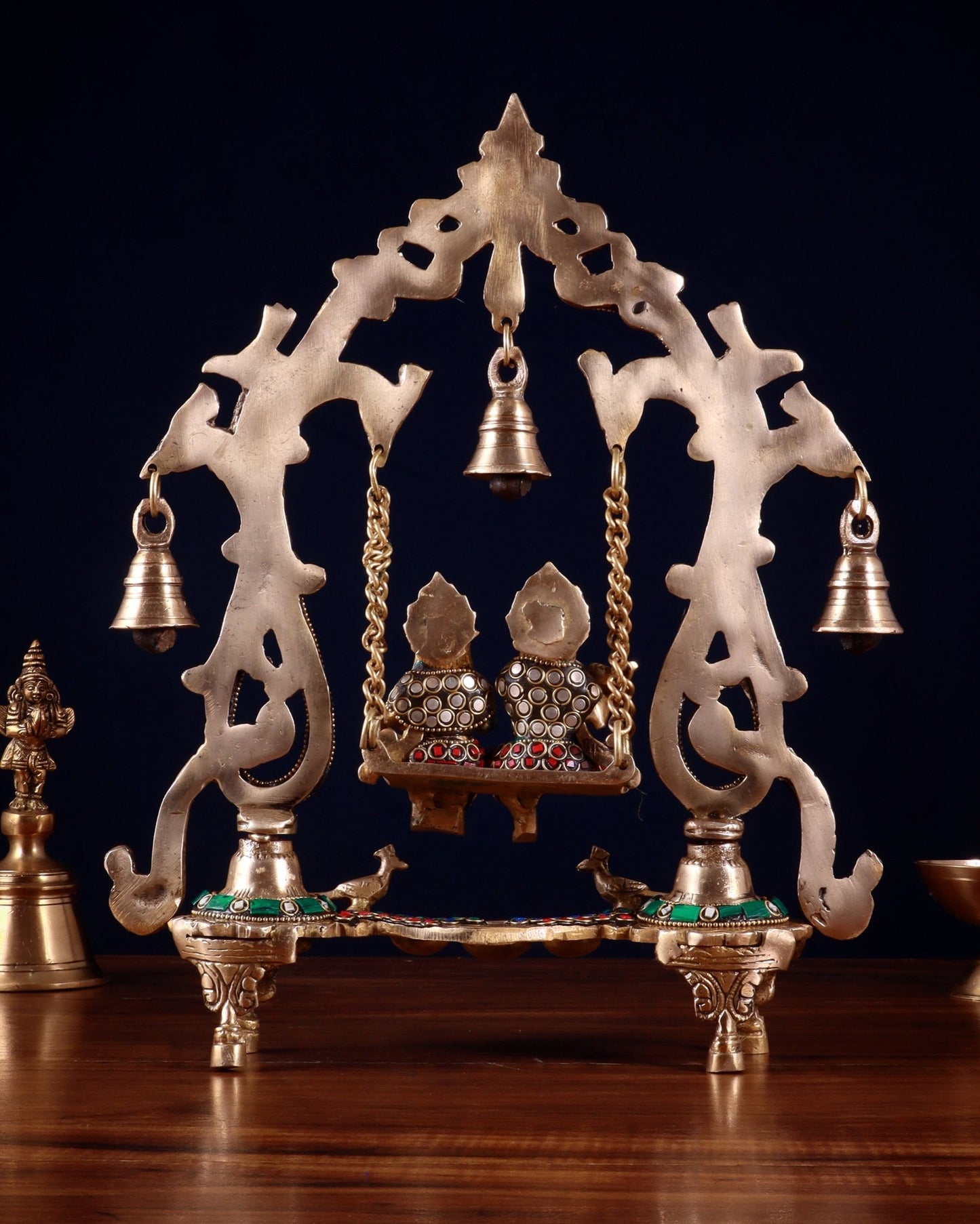 Brass Radha Krishna Swing 13.5 inch with stonework - Budhshiv.com