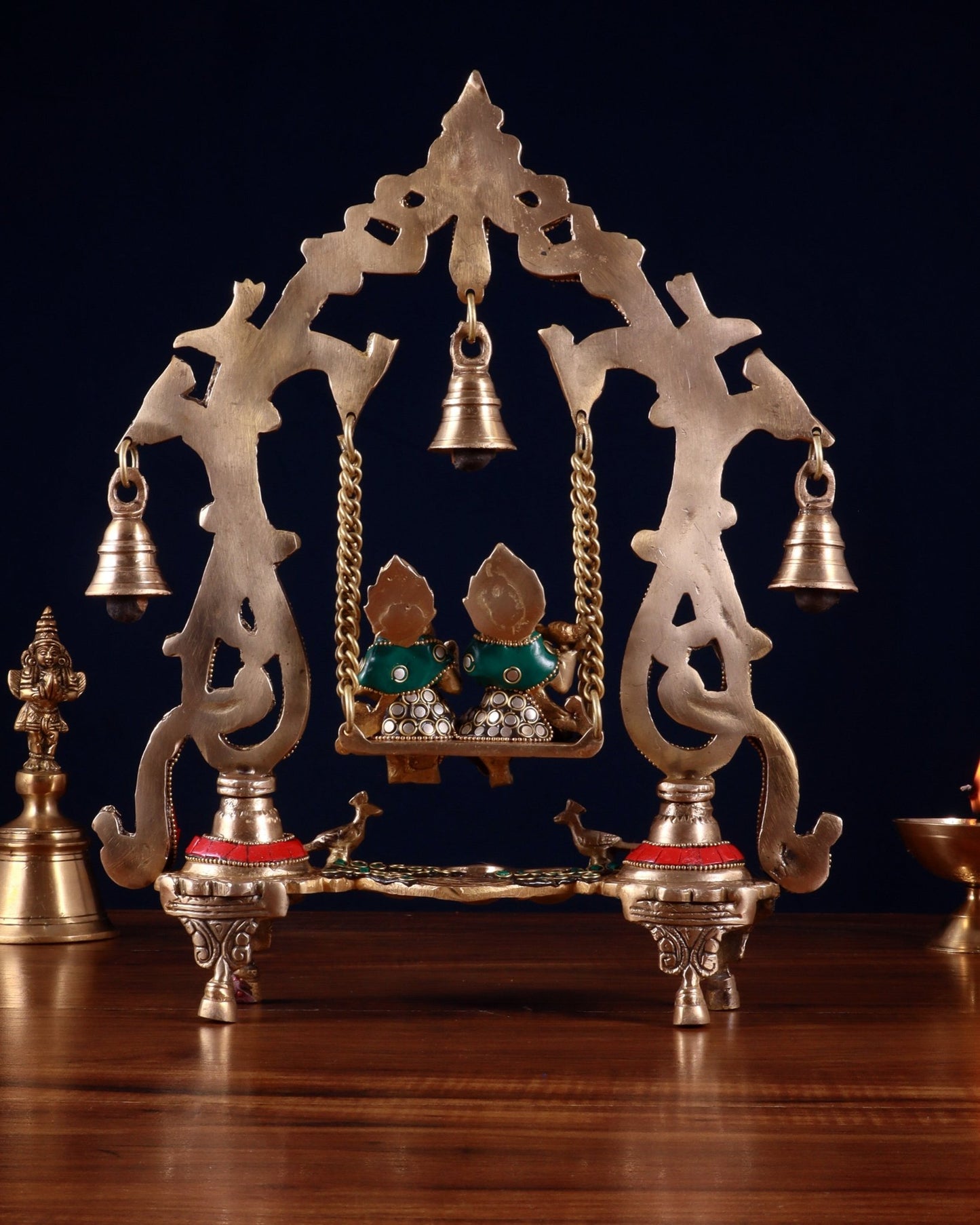 Brass Radha Krishna Swing 13.5 inch with stonework - Budhshiv.com