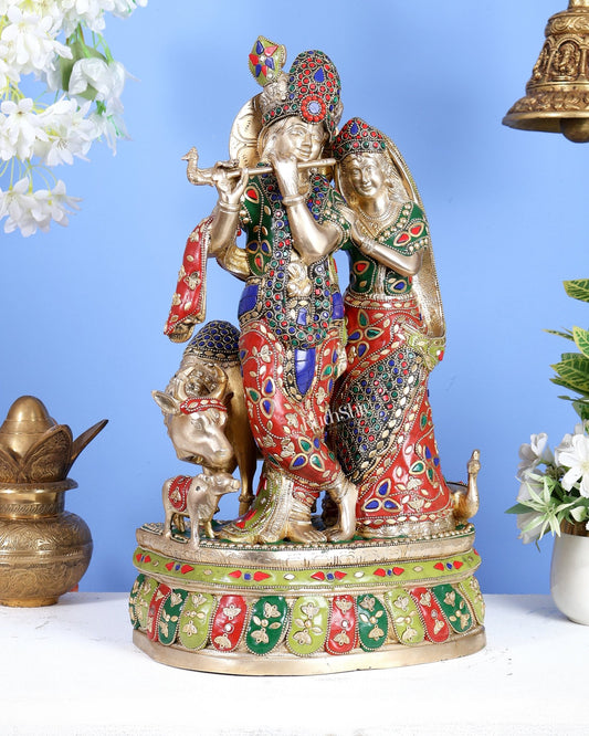 Brass Radha Krishna with Cow and calf 18 inch meenakari - Budhshiv.com