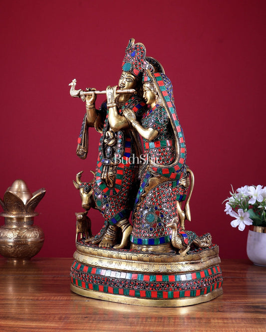 Brass Radha Krishna with Cow and calf 18 inch - Budhshiv.com