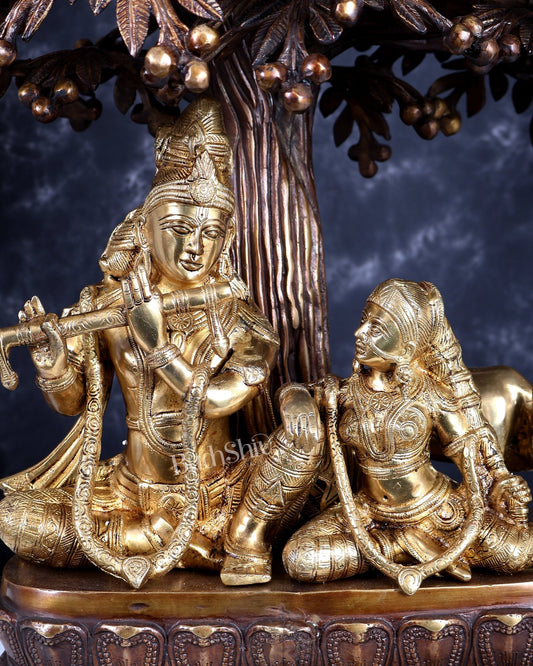 Brass Radha Krishna with Cow and Tree - 24 inch - Budhshiv.com