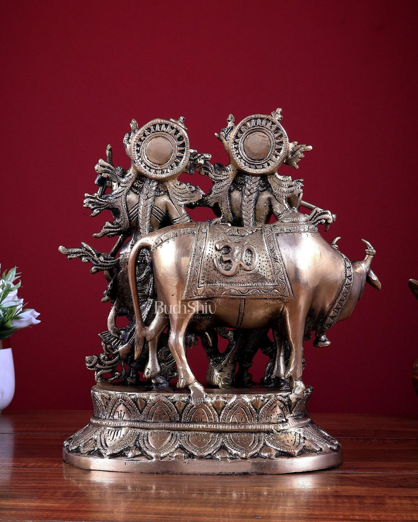 Brass Radha Krishna with Cow Idol 12 inch - Budhshiv.com