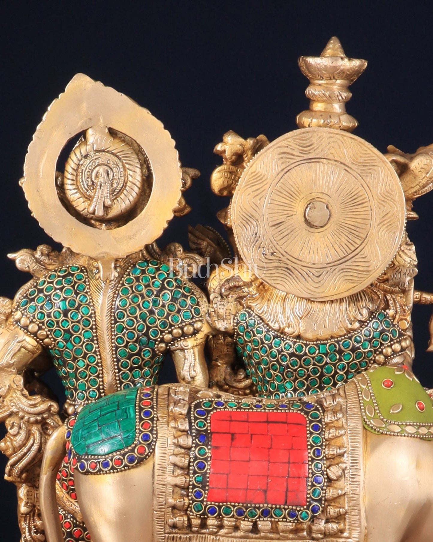 Brass Radha Krishna with cow Idol | 18" with stonework - Budhshiv.com