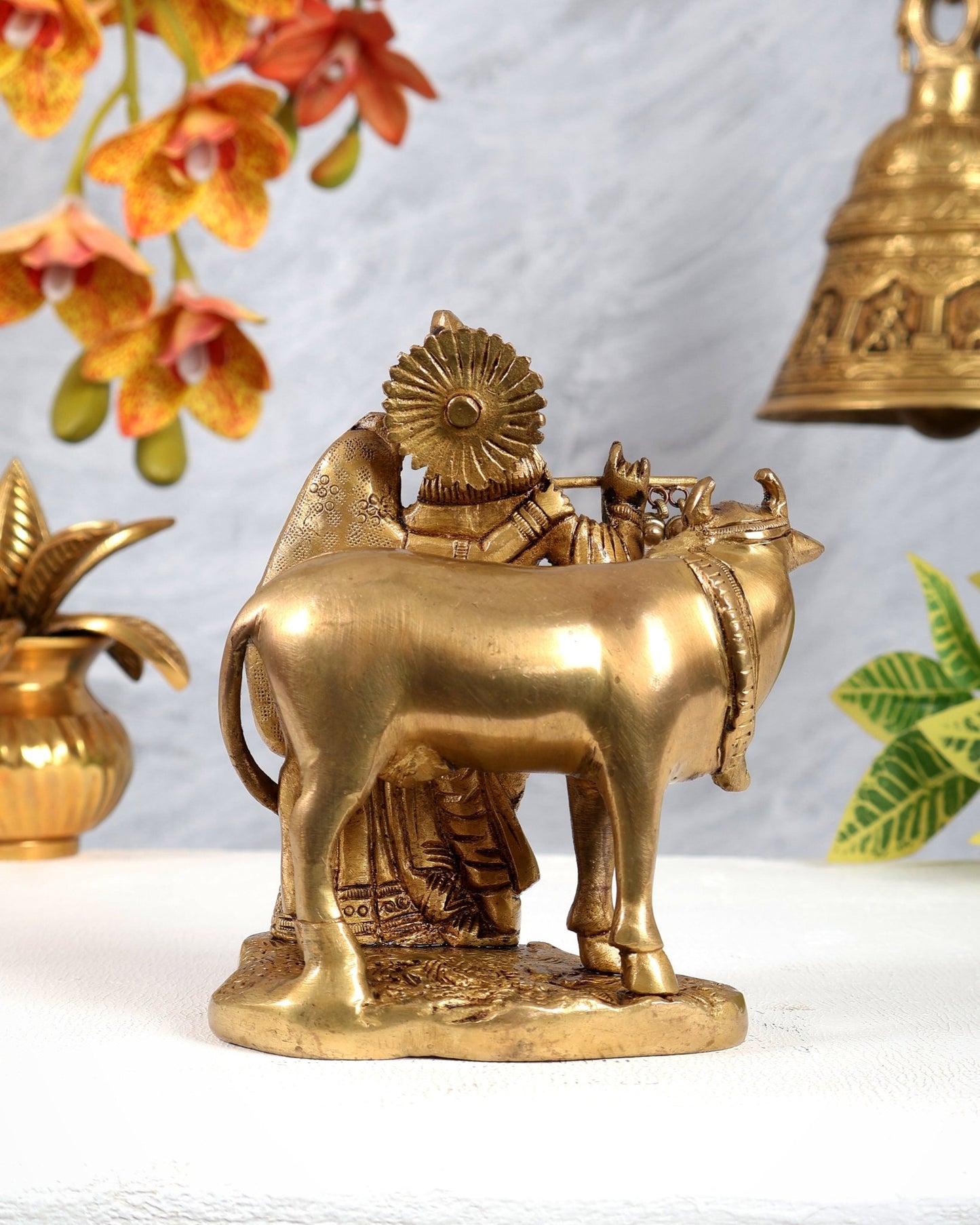 Brass Radha Krishna with Cow Idol Murti | Height 5.5 inch - Budhshiv.com
