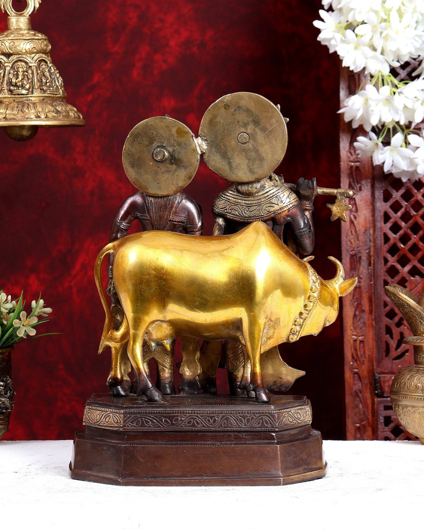 Brass Radha Krishna with Cow Idol – Three Tone Antique Finish 13 inch - Budhshiv.com