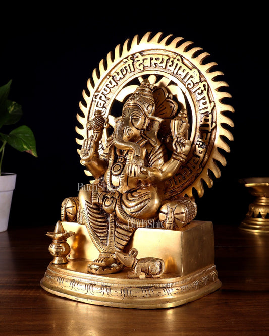 Brass Raja Ganesha Seated on Throne with Om Gayatri Mantra Prabhavali 10 inch - Budhshiv.com