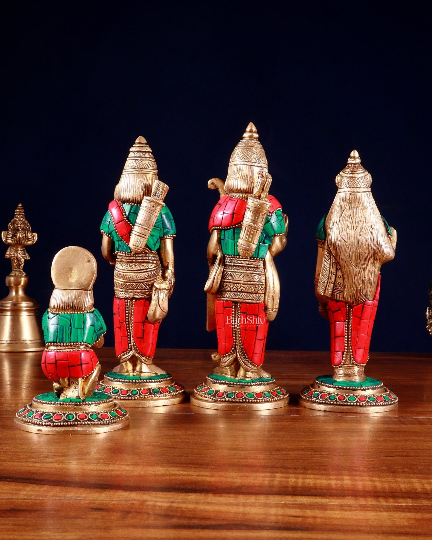 Brass Ramdarbar Idols Set - Lord Ram, Sita, Lakshman, Hanuman 8" stonework - Budhshiv.com