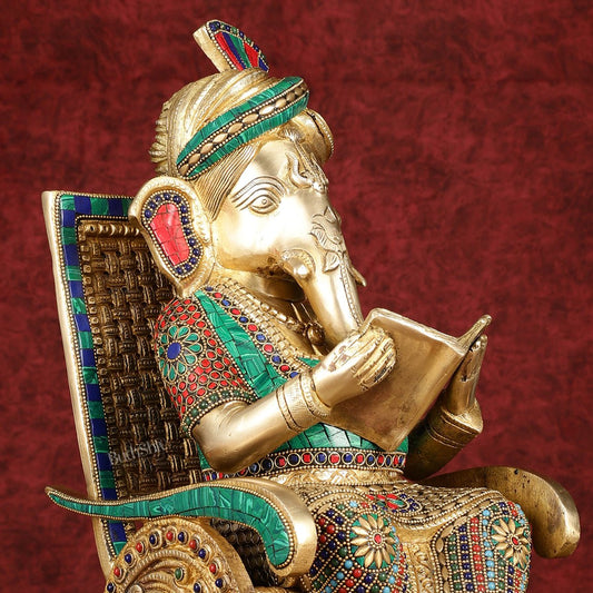 Brass reading ganapati sitting on Chair statue 17" - Budhshiv.com