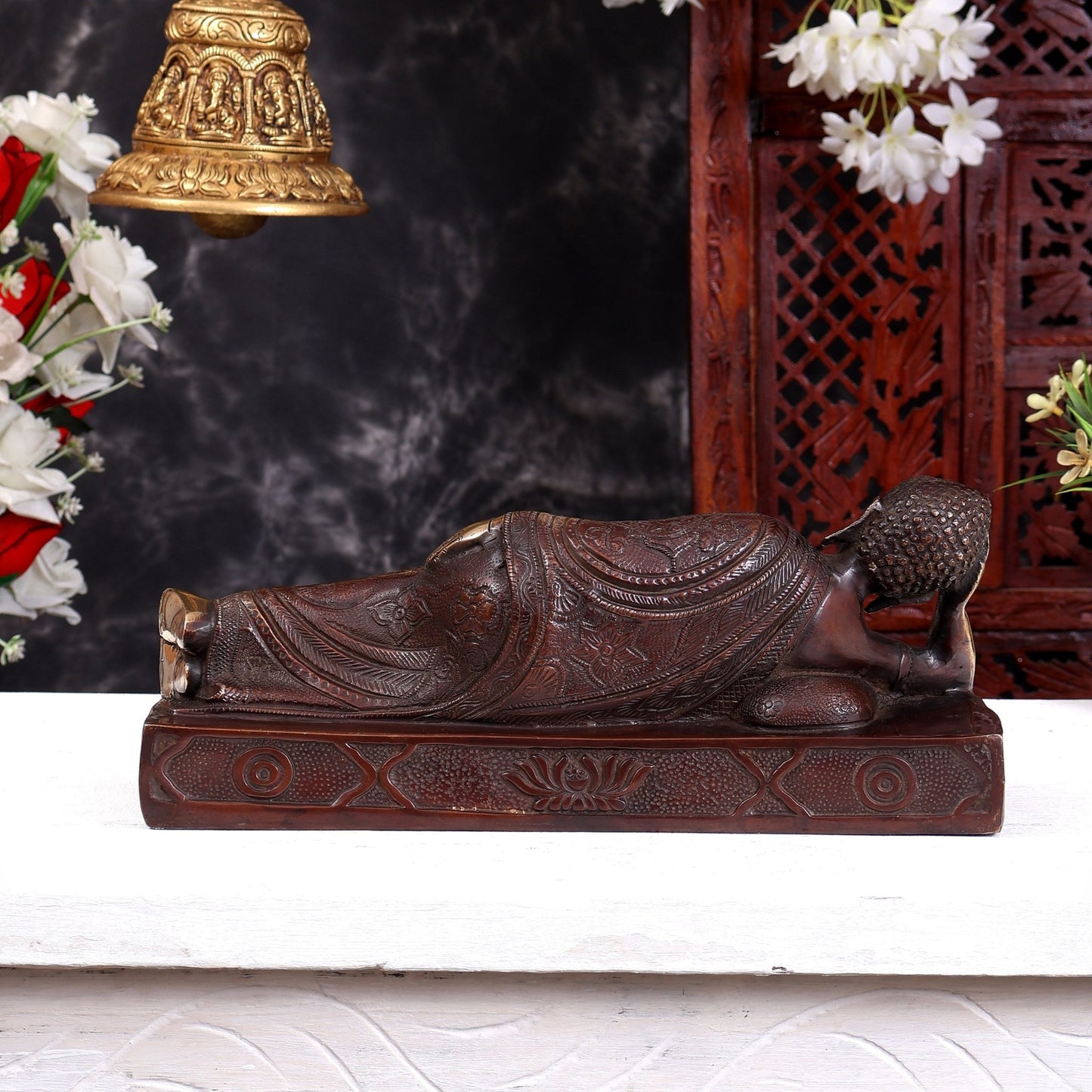Brass Resting Buddha Statue in Parinirvana Mudra – Handcrafted Reclining Buddha Sculpture 12 inch - Budhshiv.com