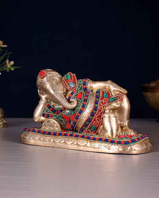 Brass Resting Lord Ganesha Statue 7.5" floral stones - Budhshiv.com