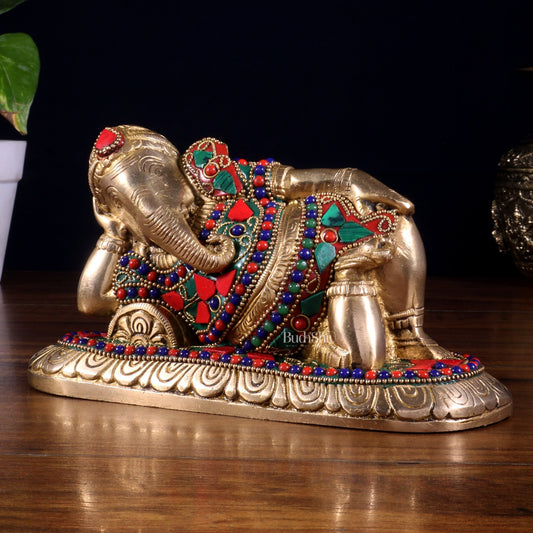 Brass Resting Lord Ganesha Statue 7.5" floral stonework - Budhshiv.com