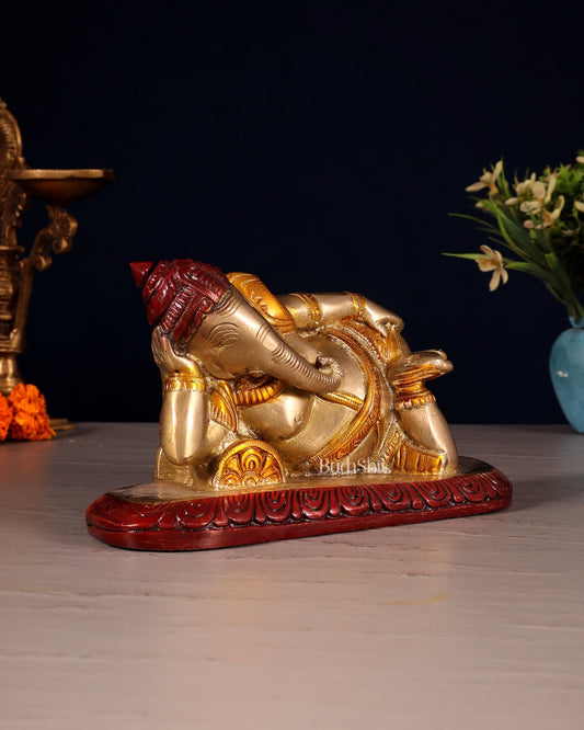 Brass Resting Lord Ganesha Statue 7.5" three tone - Budhshiv.com