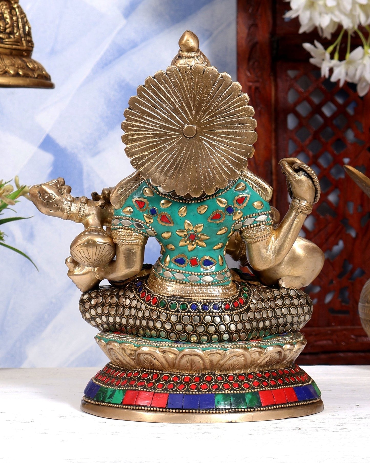 Brass Saraswati Statue With unique stonework 9 inch - Budhshiv.com