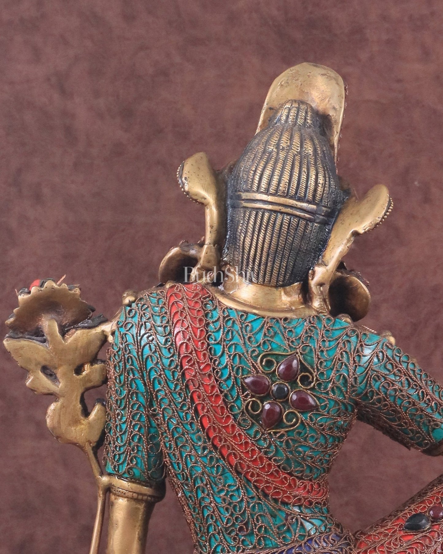 Brass Seated Indra Statue with Nepalese Copper Wire Inlay - 12" - Budhshiv.com