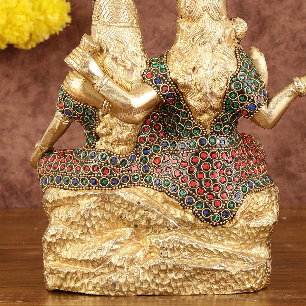 Brass Seated Shiv Parvati Idol with Stonework - 9" - Budhshiv.com
