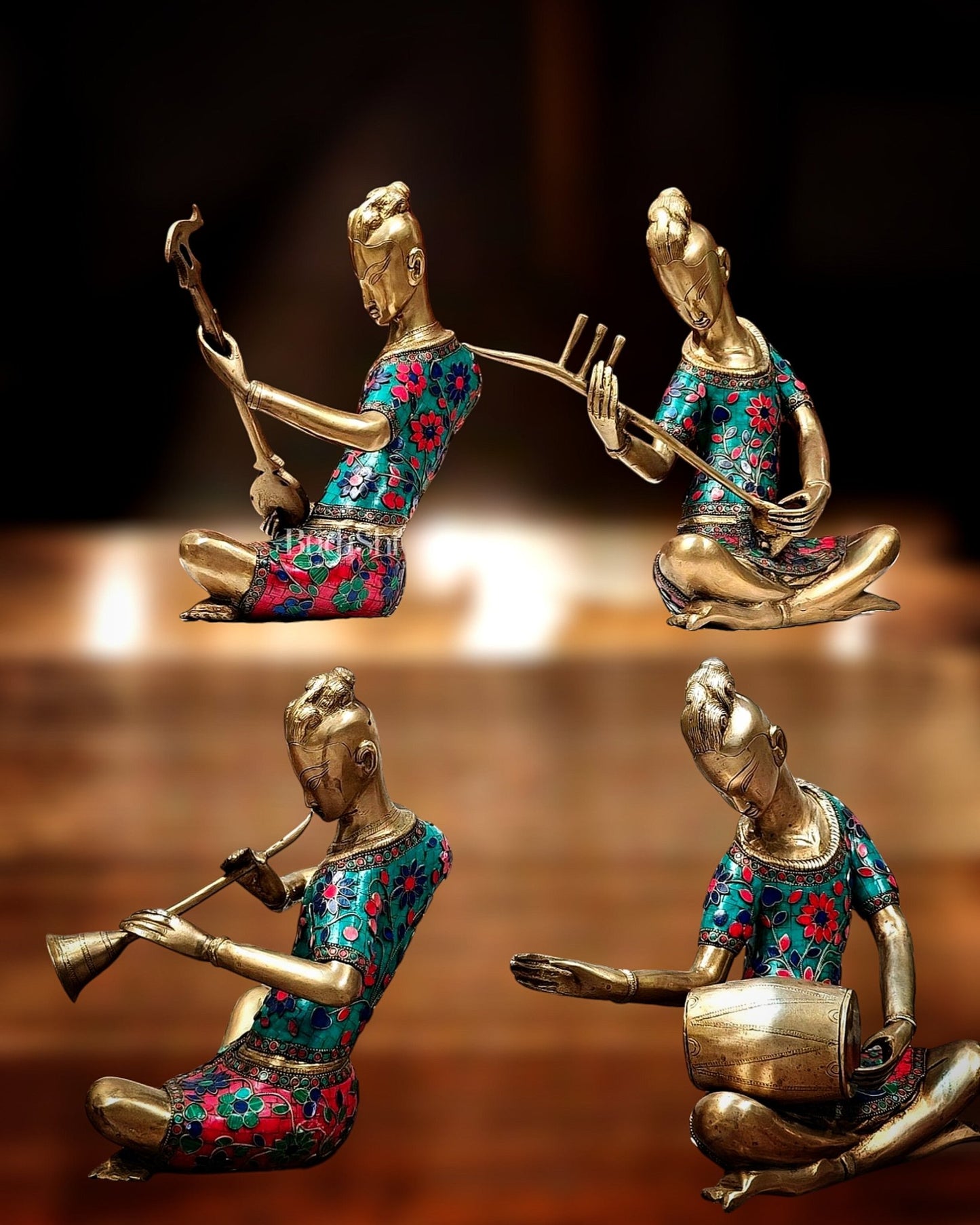 Brass Set of 4 Tansen Musicians with stonework - 13 inch - Budhshiv.com