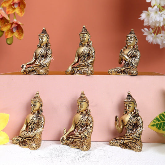 Brass Set of 6 Miniature Buddha Idols – Fully Carved Mudra Collection 3" - Budhshiv.com