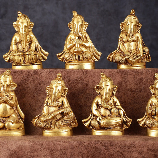 Brass Set of 7 Ganesha Musicians - 3.5 Inch, Perfect Gift - Budhshiv.com