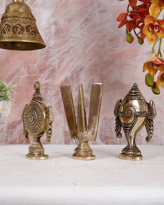 Brass Shankh Chakra Namah Standing Symbols – Vaishnav Divine Set (5.25 Inches) - Budhshiv.com