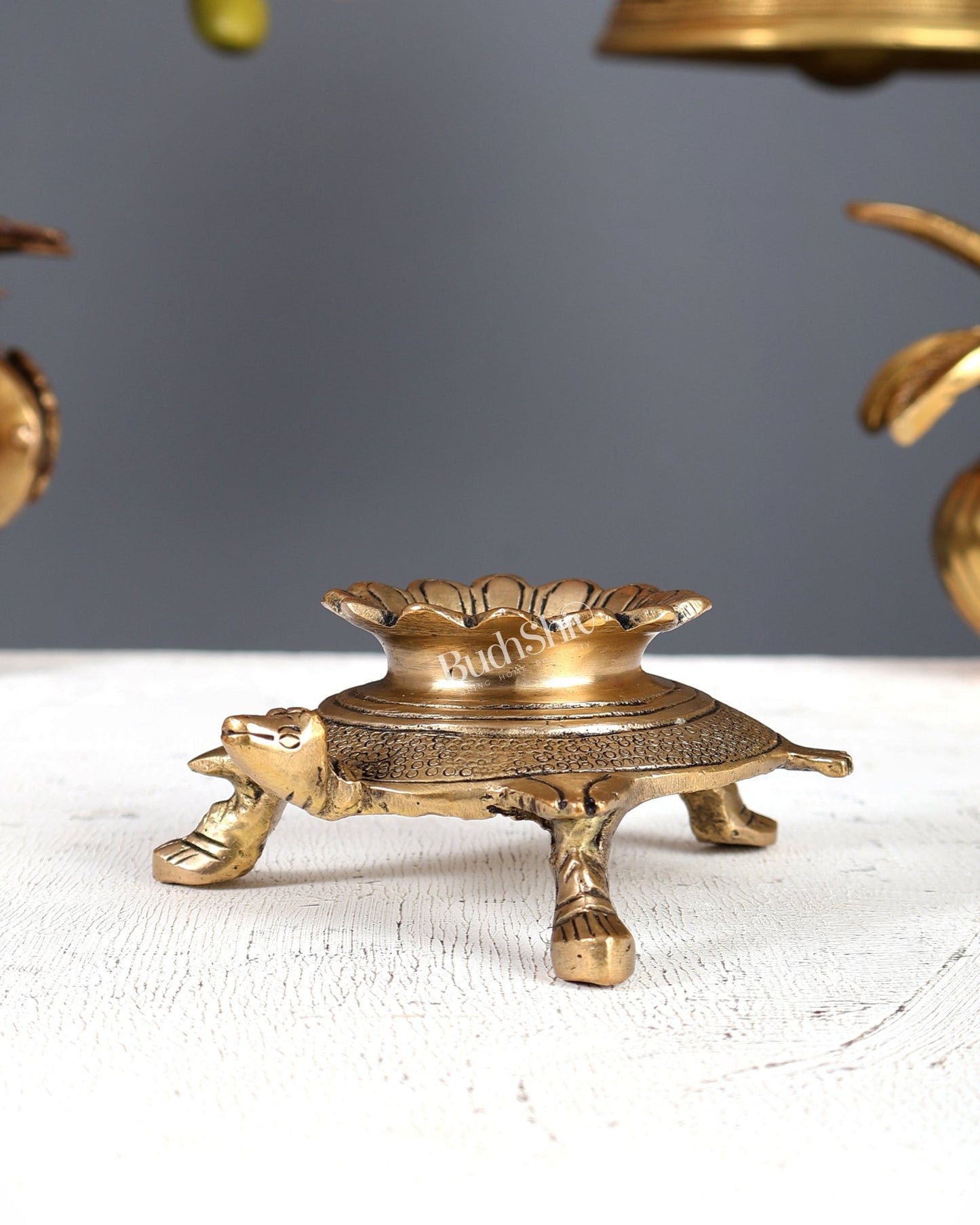 Brass Shankh Conch Stand with Tortoise Design – Auspicious Display Holder (4.5 Inches) - Budhshiv.com