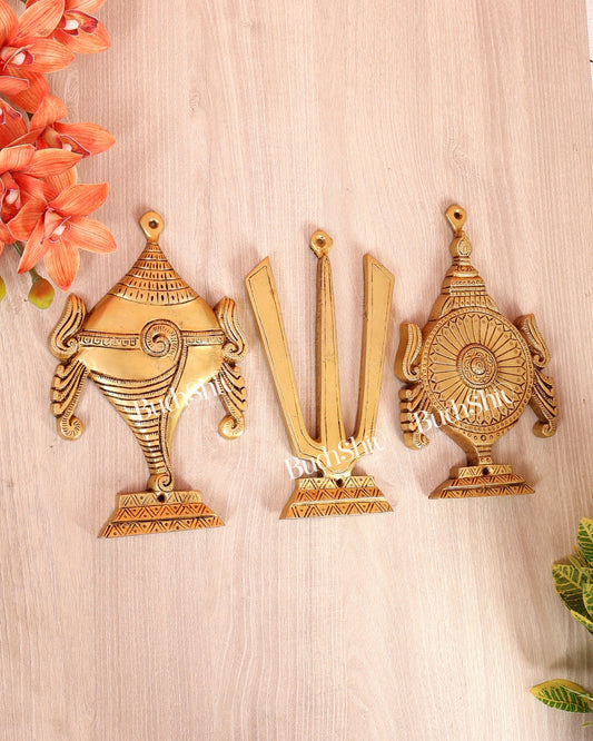 Brass Shankh Namaha Chakra Wall Hanging Set – Auspicious Spiritual Décor 8.5" - Budhshiv.com