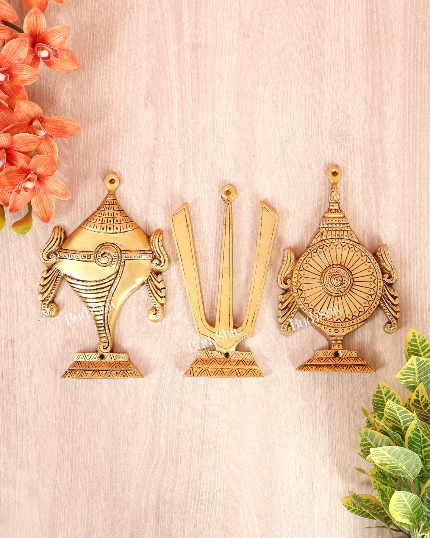 Brass Shankh Namaha Chakra Wall Hanging Set – Auspicious Spiritual Décor 8.5" - Budhshiv.com