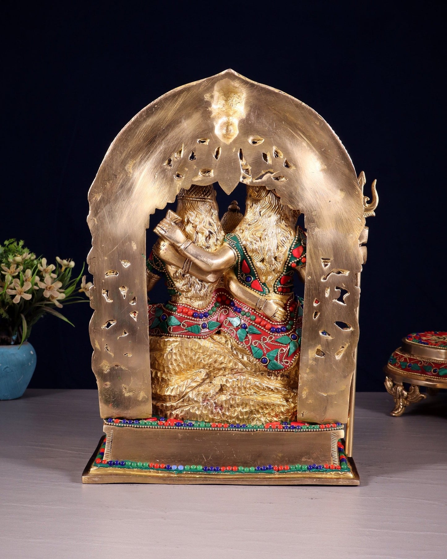 Brass Shiv Parivar Idol - Floral stonework - 12" Height - Budhshiv.com