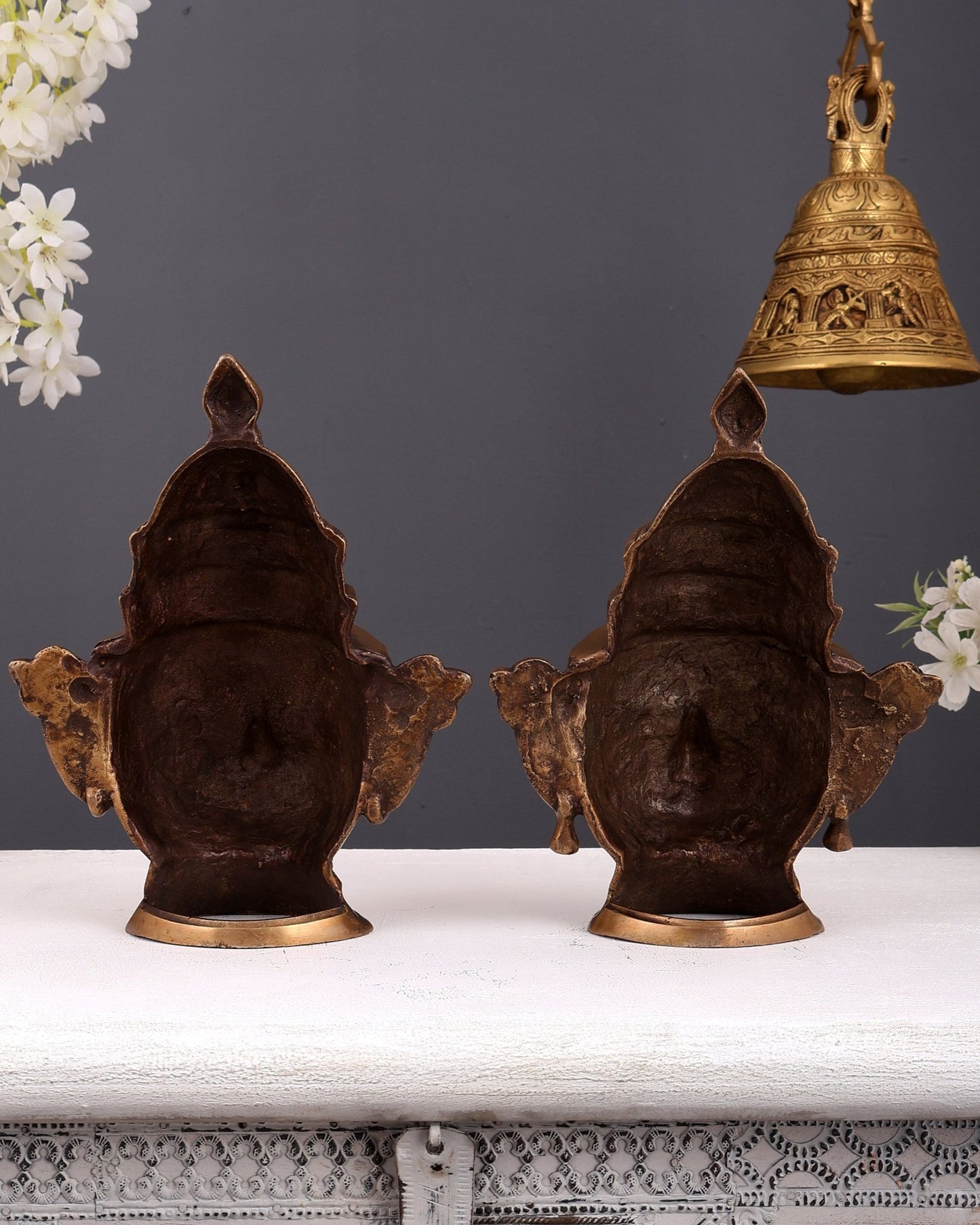 Brass Shiva and Gauri Mukhalingam face antique tone | 9.5 inch - Budhshiv.com
