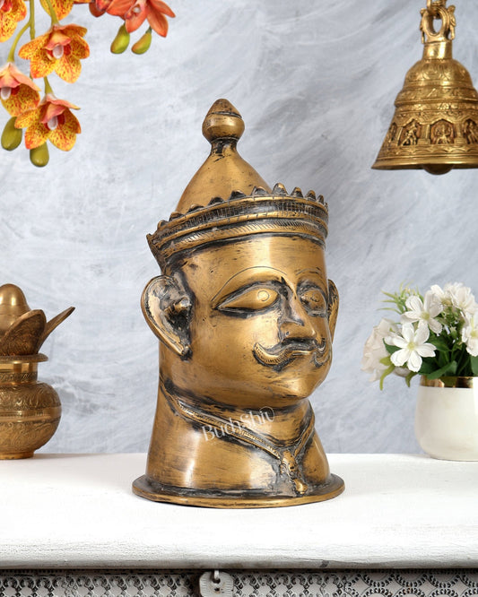 Brass Shiva Face Mukhlingam statue 13.5" vintage patina - Budhshiv.com