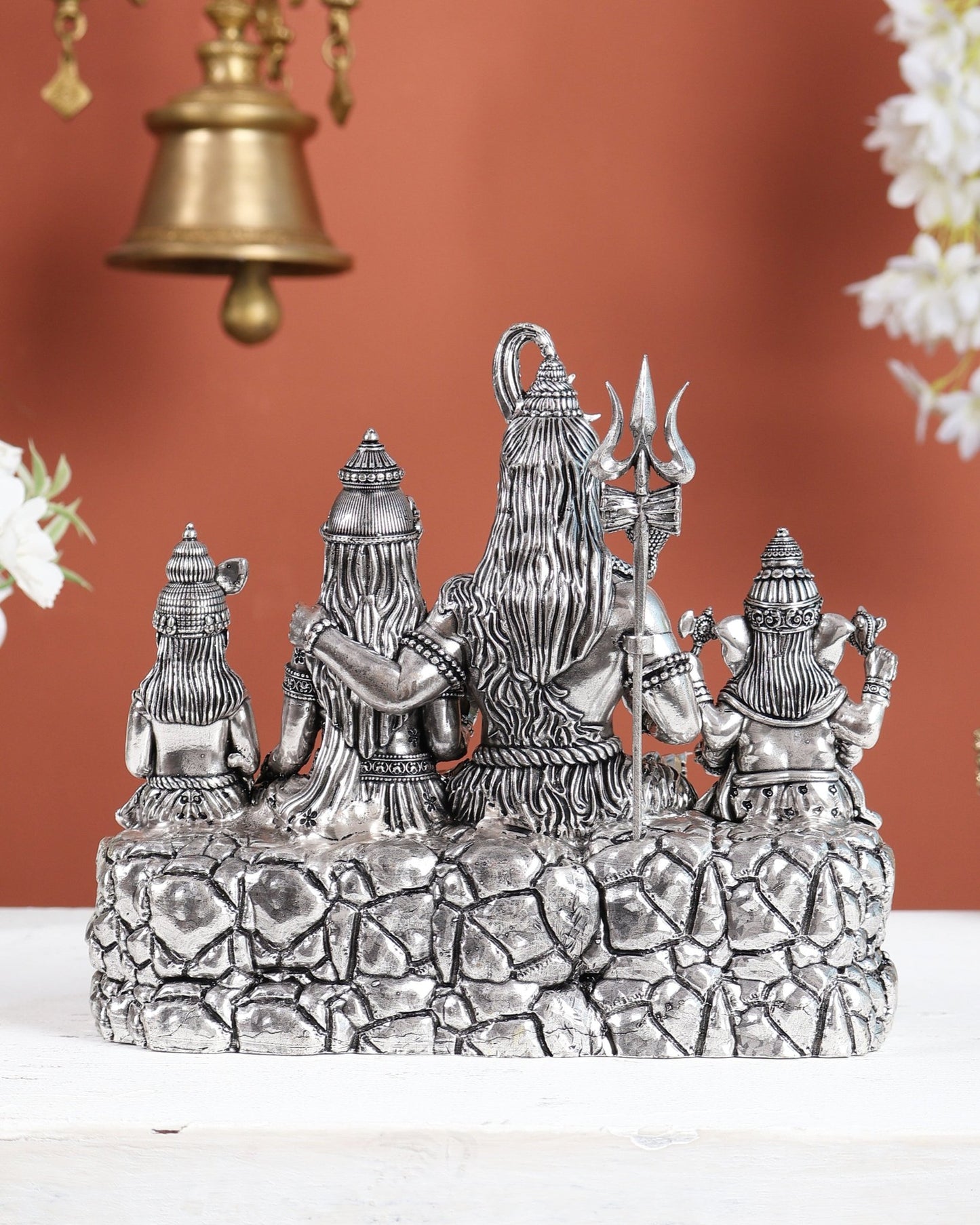 Brass Shiva Parivar Idol with Nandi, Peacock, Shivling & Mouse 7" silver plated - Budhshiv.com