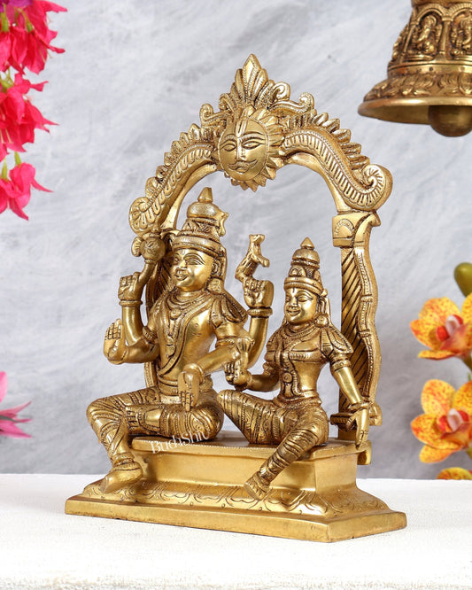 Brass Shiva Parvati Seated with Prabhavali 10.5 inch - Budhshiv.com