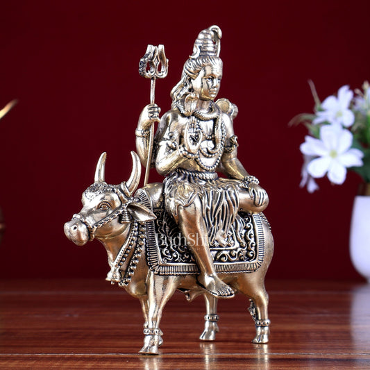 Brass Shiva Sitting Nandi Idol Superfine 6 inch - Budhshiv.com