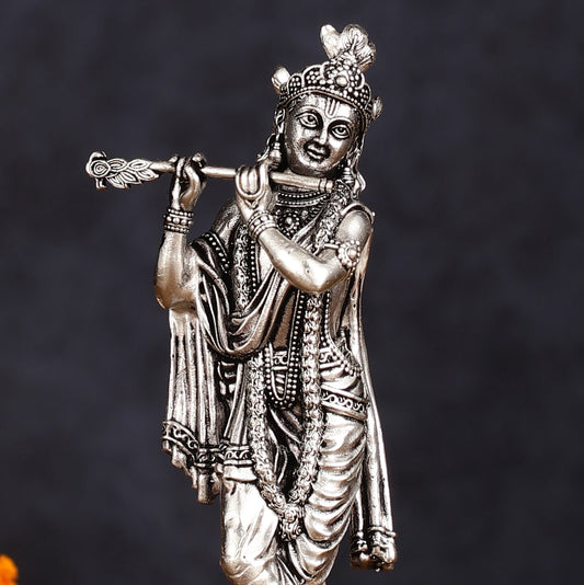 Brass silver plated Superfine Intricate Krishna Idol - 6" Height - Budhshiv.com