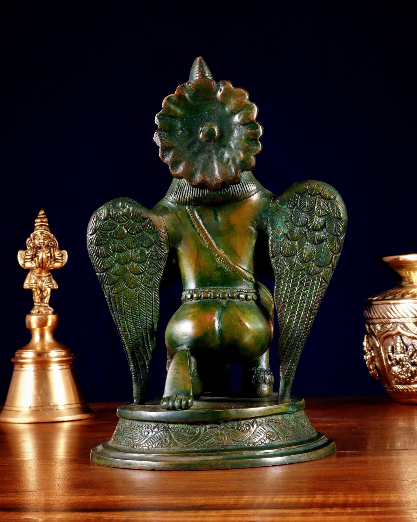 Brass Sitting Garuda Dev in Namaskar Mudra – 9” Chola bronze tone - Budhshiv.com