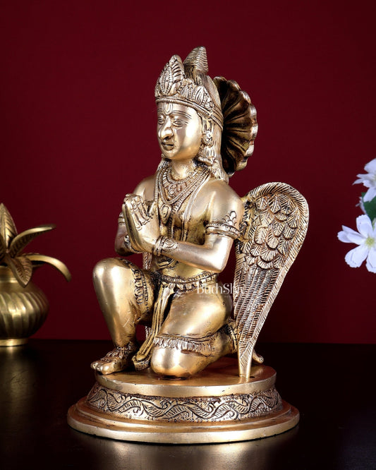 Brass Sitting Garuda Dev in Namaskar Mudra – 9” Golden - Budhshiv.com