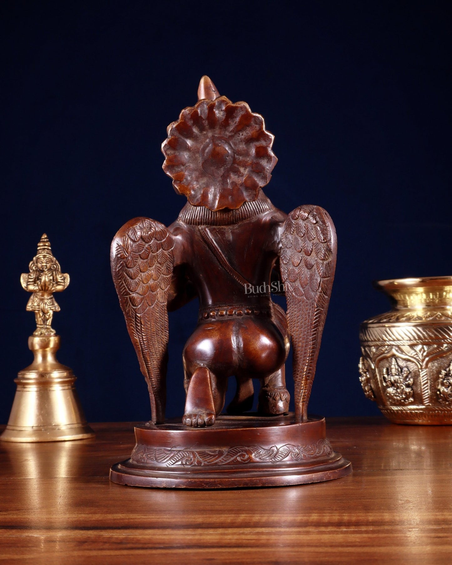 Brass Sitting Garuda Dev in Namaskar Mudra – 9” Monochrome Dark Brown tone - Budhshiv.com