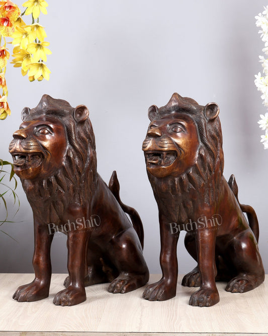 Brass Sitting Lion Large Statue pair – Antique Tone 23 inch - Budhshiv.com