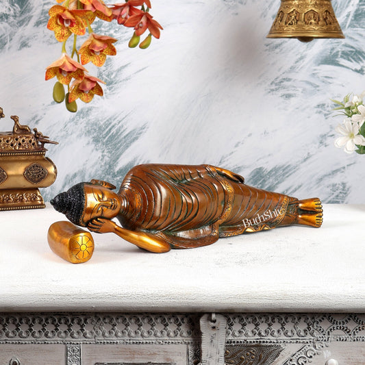 Brass Sleeping Buddha Statue – Double Chola Tone Peaceful Reclining Sculpture (13 Inches) - Budhshiv.com