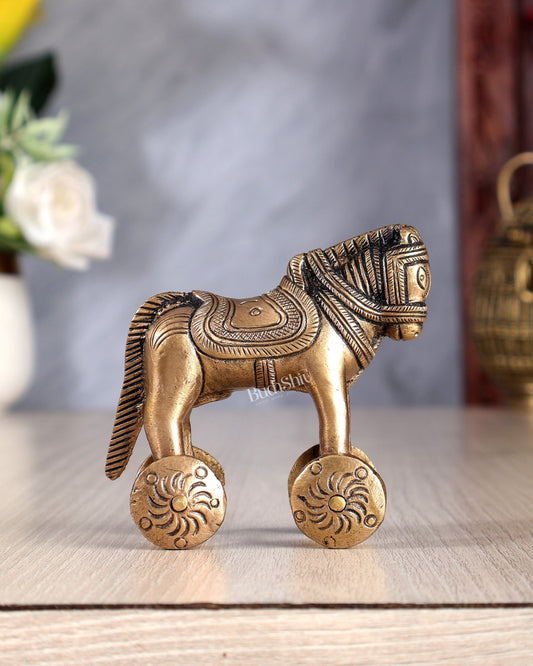 Brass Small Horse with Wheels – Traditional Showpiece & Ancient Toy 3.5 inch - Budhshiv.com