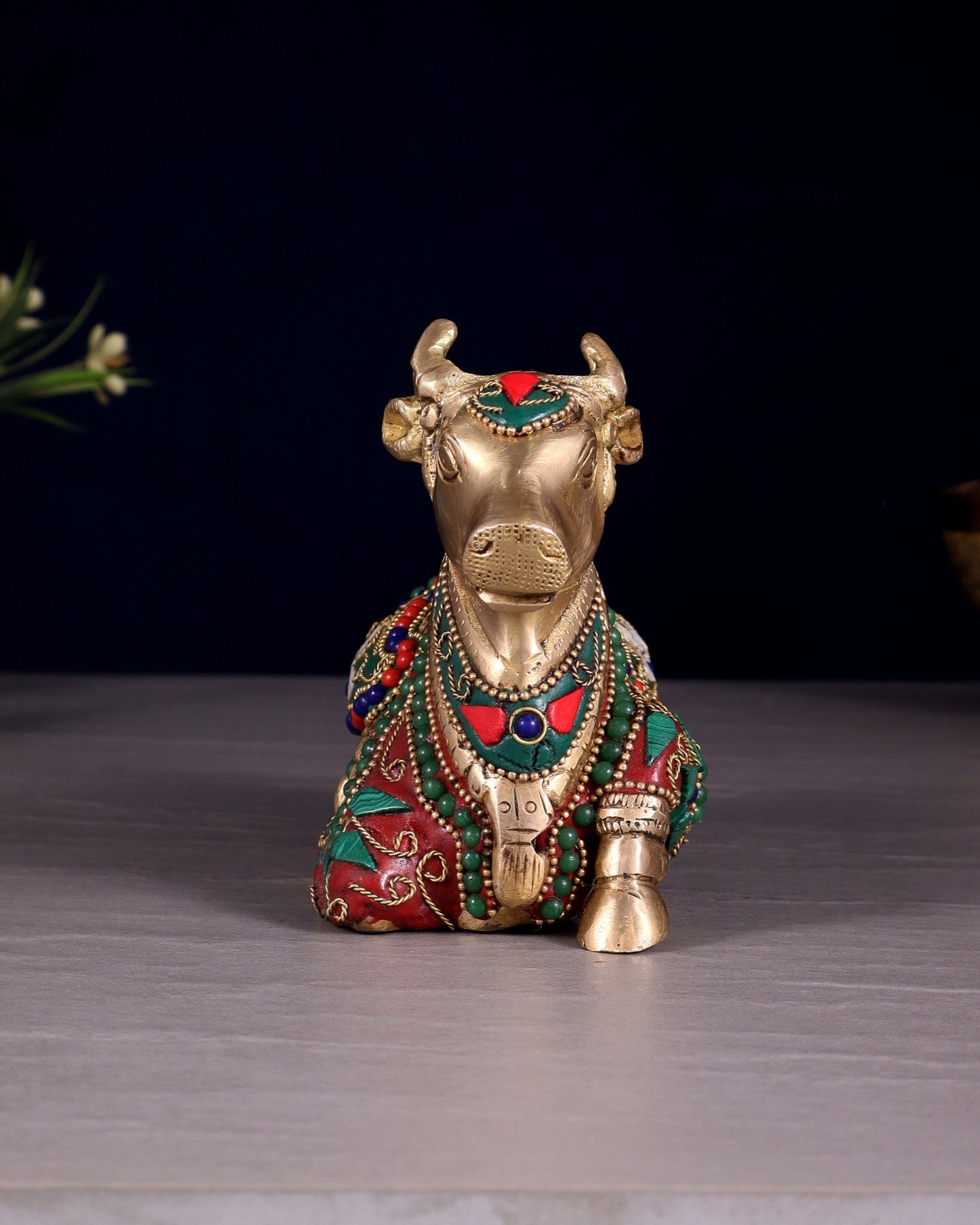 Brass Small Nandi Idol with floral Stonework | 6" - Budhshiv.com