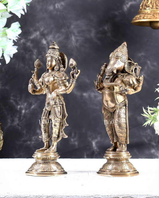 Brass Standing Ganesh Lakshmi Idol Set 10 inch matte gold - Budhshiv.com