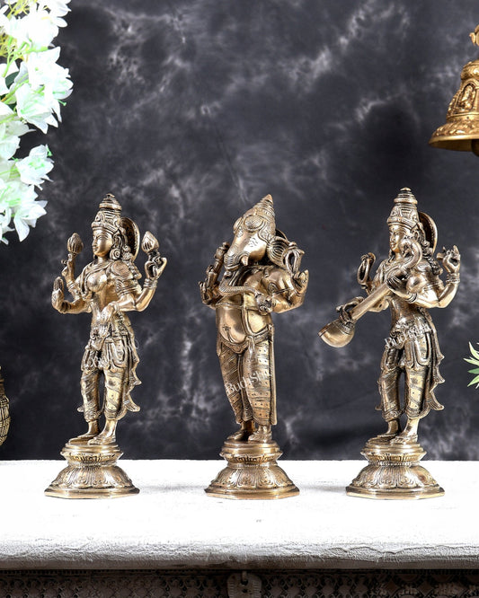 Brass Standing Ganesh Lakshmi Saraswati Idol Set 10" Matte gold - Budhshiv.com