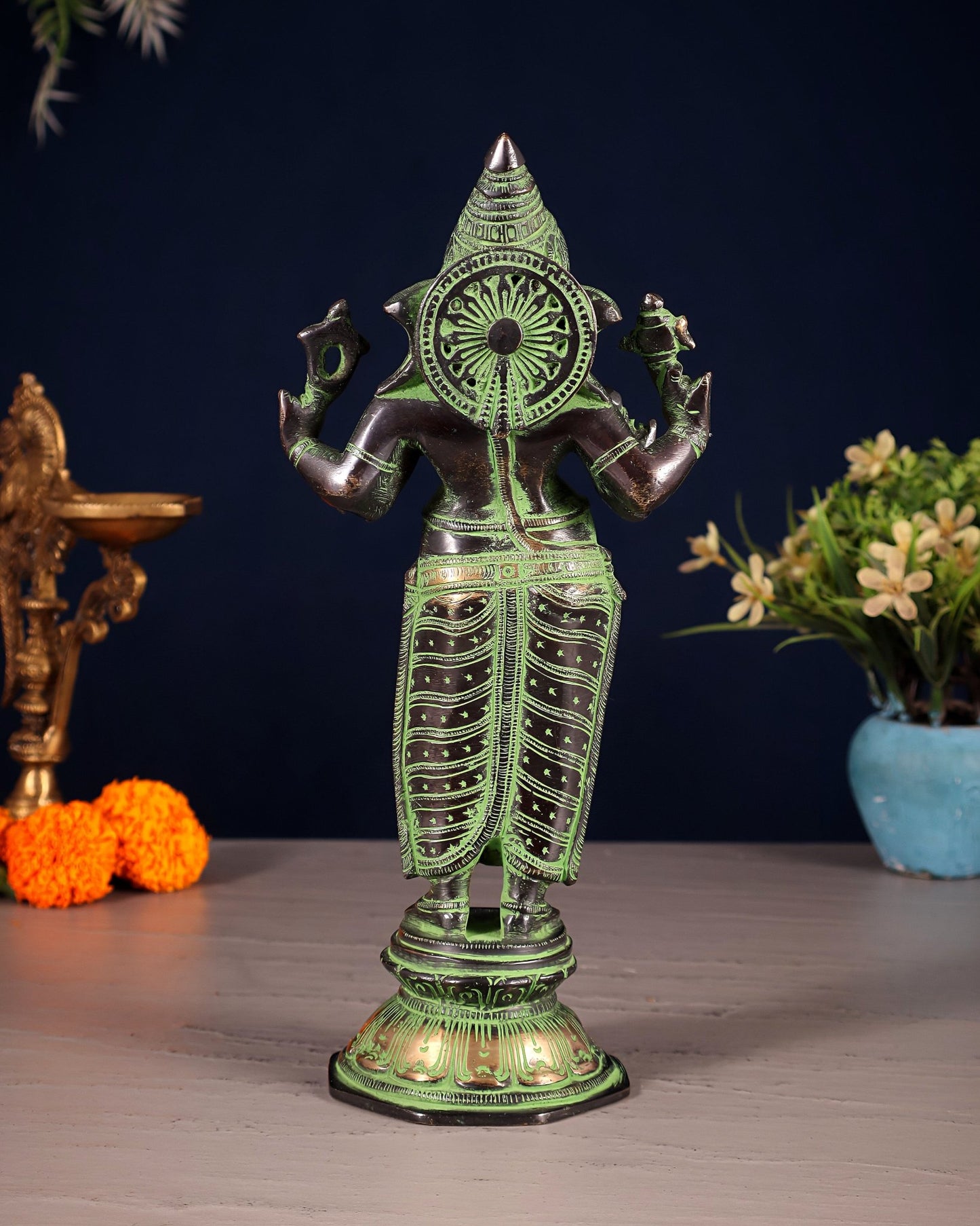 Brass Standing Ganesha Idol 10" black and green - Budhshiv.com