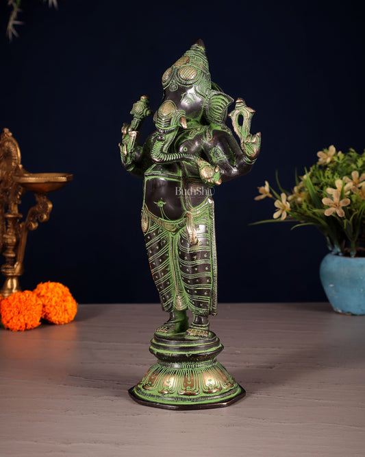 Brass Standing Ganesha Idol 10" black and green - Budhshiv.com
