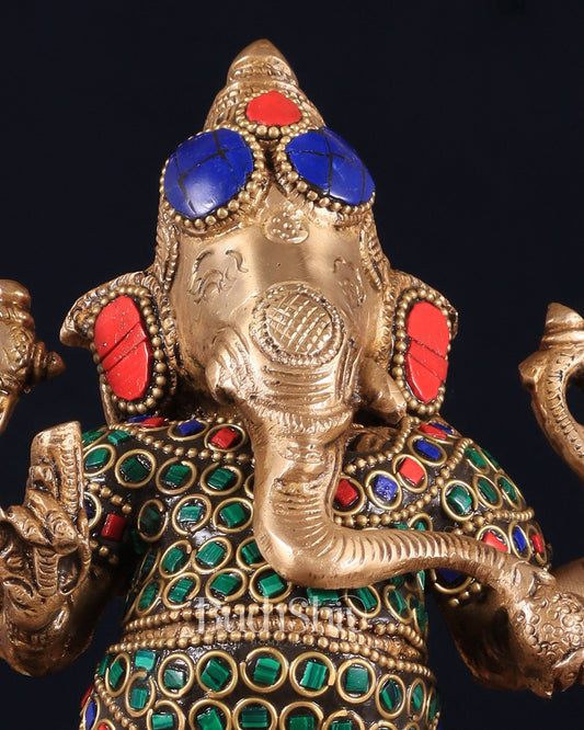 Brass Standing Ganesha Idol 10" with stonework - Budhshiv.com