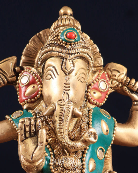 Brass Standing Ganesha Idol | Height 6.5 inch with stonework - Budhshiv.com